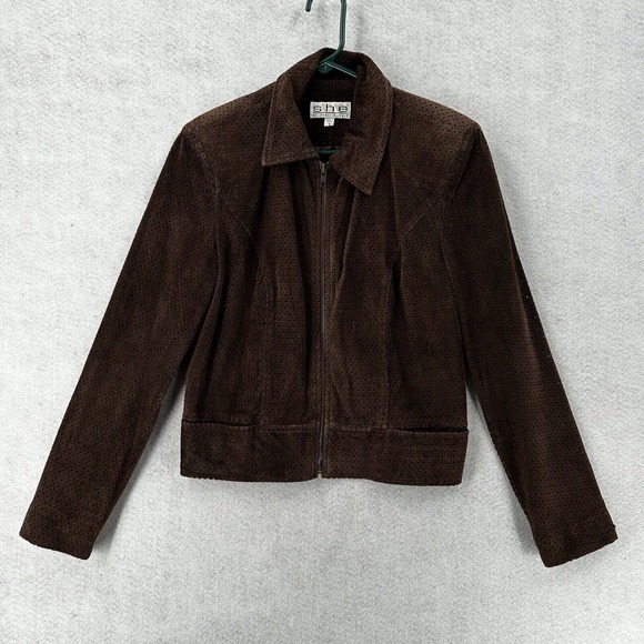 Sheri Bodell Suede Jacket Womens SMALL Brown Eyelet Artsy Zip Up Leather Coat - Picture 2 of 15